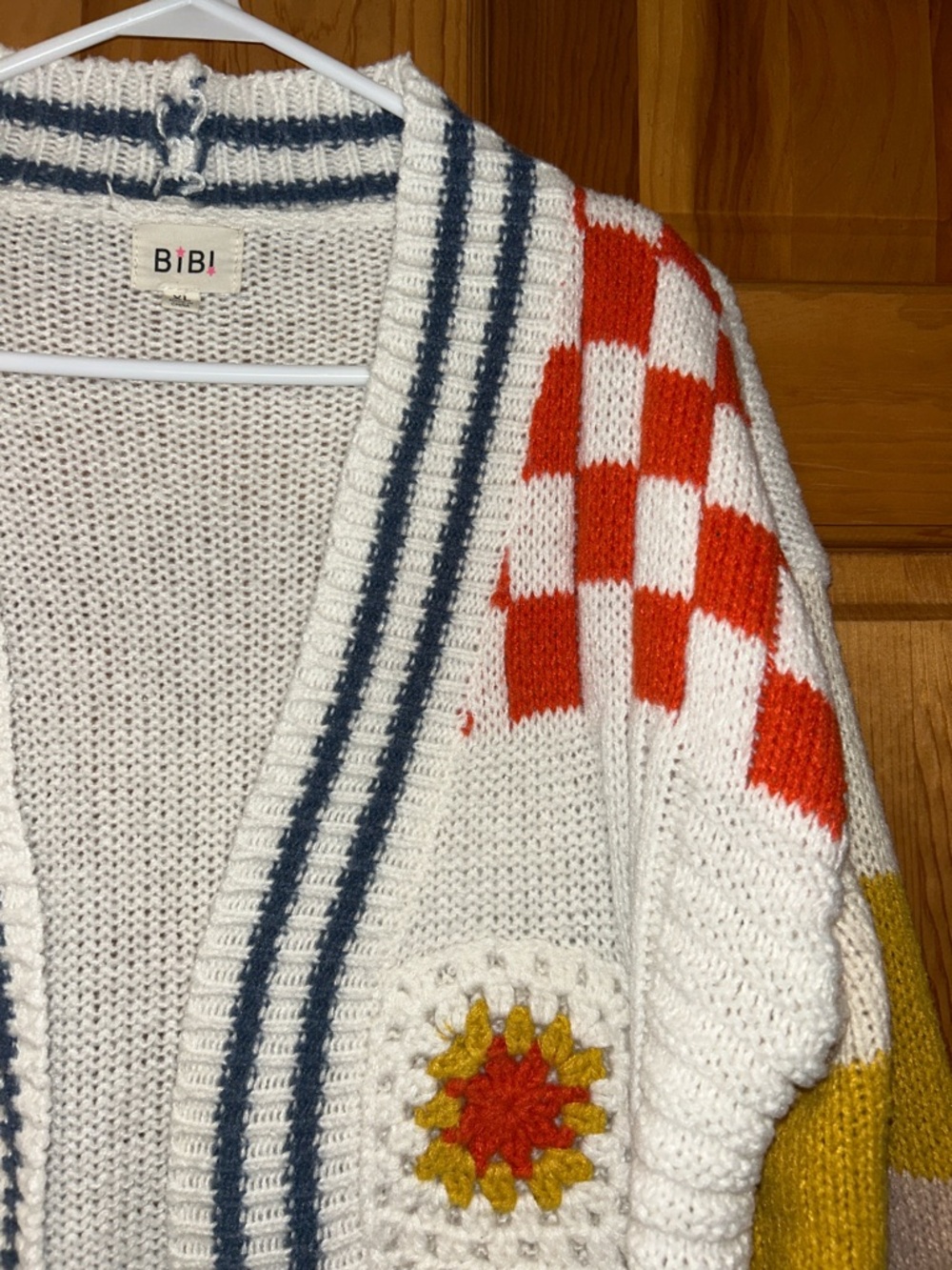 BiBi White Crochet Cardigan with Orange Check and Navy Trim